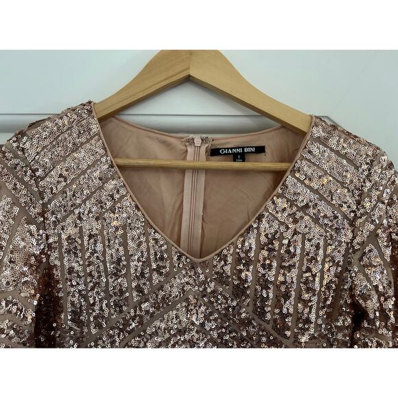 Gianni Bini Pink Gold Sequin Long Sleeve Bodycon Mini Dress Small Cocktail - Picture 3 of 15